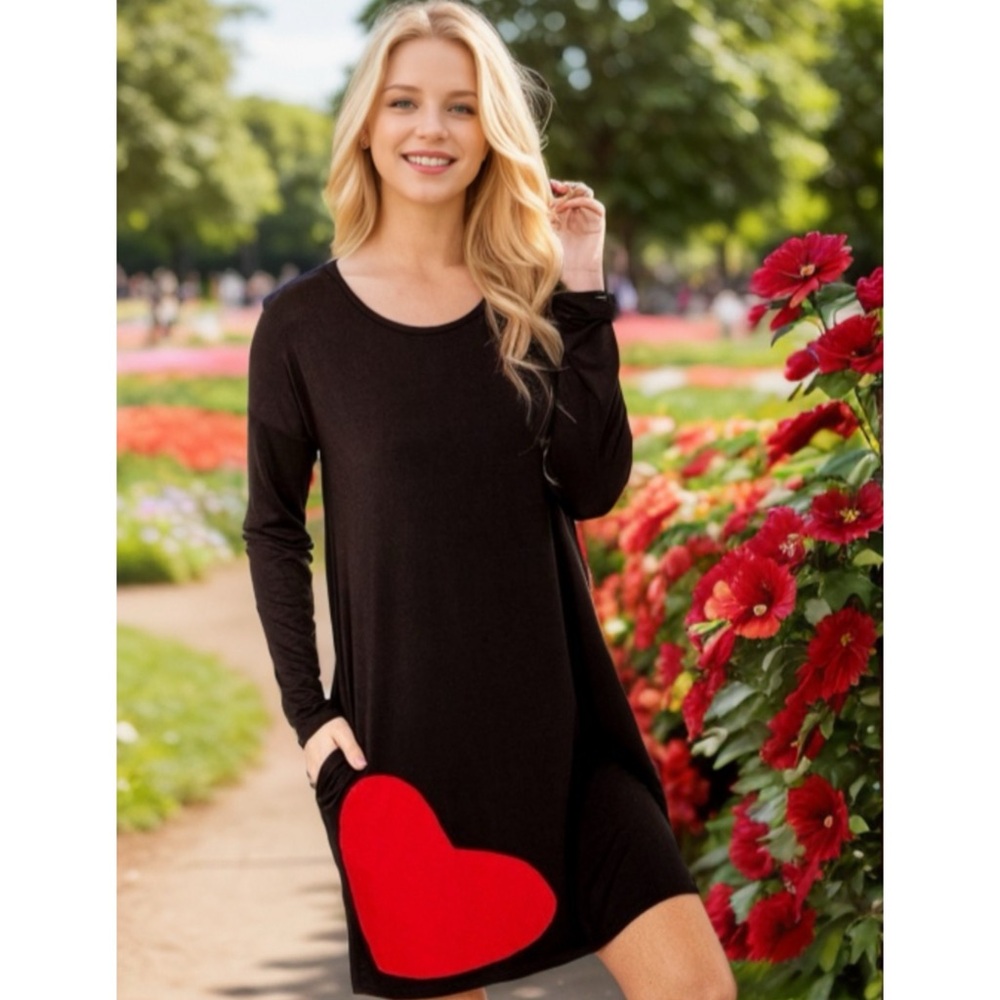 LAST 2! Very Soft Heart Patch Black Pocket Dress! - Picture 1 of 12